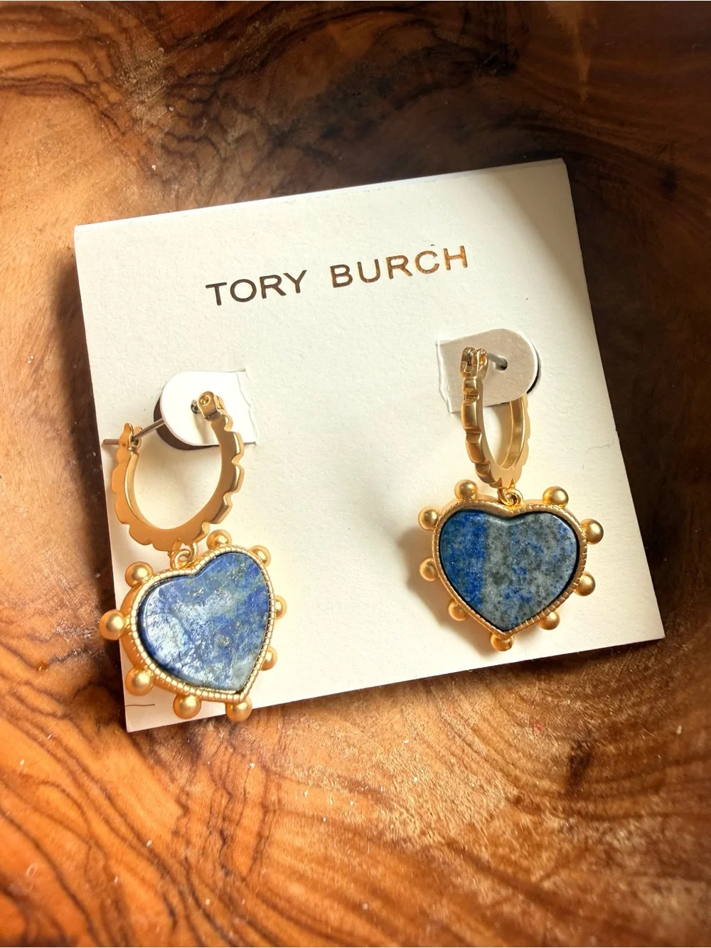 New Tory Burch Blue Gold Tone Heart Lapis Drop Earrings
